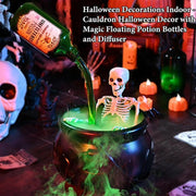 Halloween Decorations Indoor - Cauldron Halloween Decor with Magic Floating Potion Bottles and Diffuser - Black Plastic Witches Bowl Party Decor for Spooky Vintage Home Kitchen Table