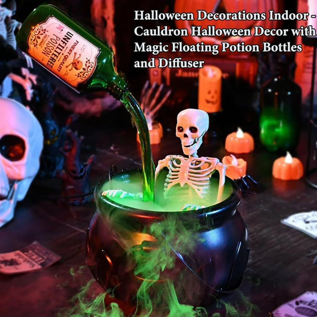 Halloween Decorations Indoor - Cauldron Halloween Decor with Magic Floating Potion Bottles and Diffuser - Black Plastic Witches Bowl Party Decor for Spooky Vintage Home Kitchen Table